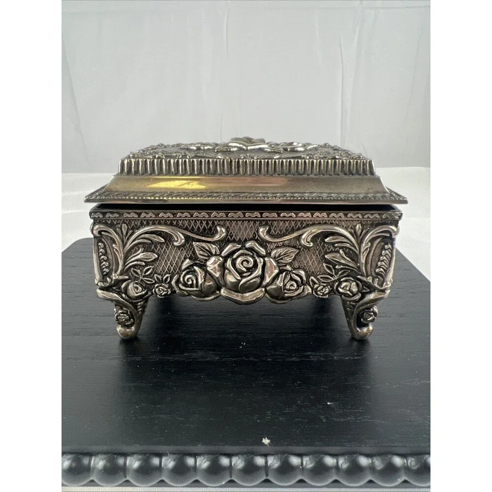 Silver Plated Pewter Rose Jewelry Box Trinket Box Velvet Lined Footed Vintage